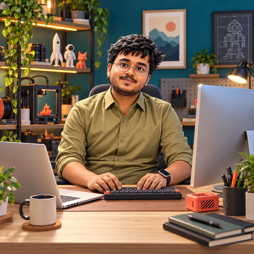 A 3D portrait of Satyajit looking up from his Mac workbench, with a keyboard, printed gadgets, and a warmly lit teal studio.