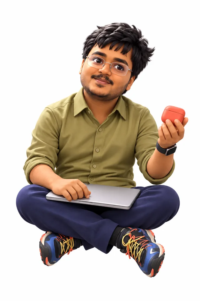 Satyajit as a 3D character, in his olive shirt and glasses.