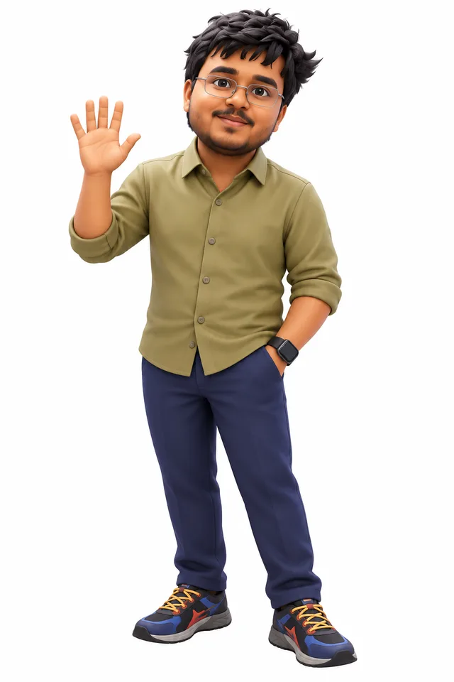 Satyajit as a 3D character, in his olive shirt and glasses.