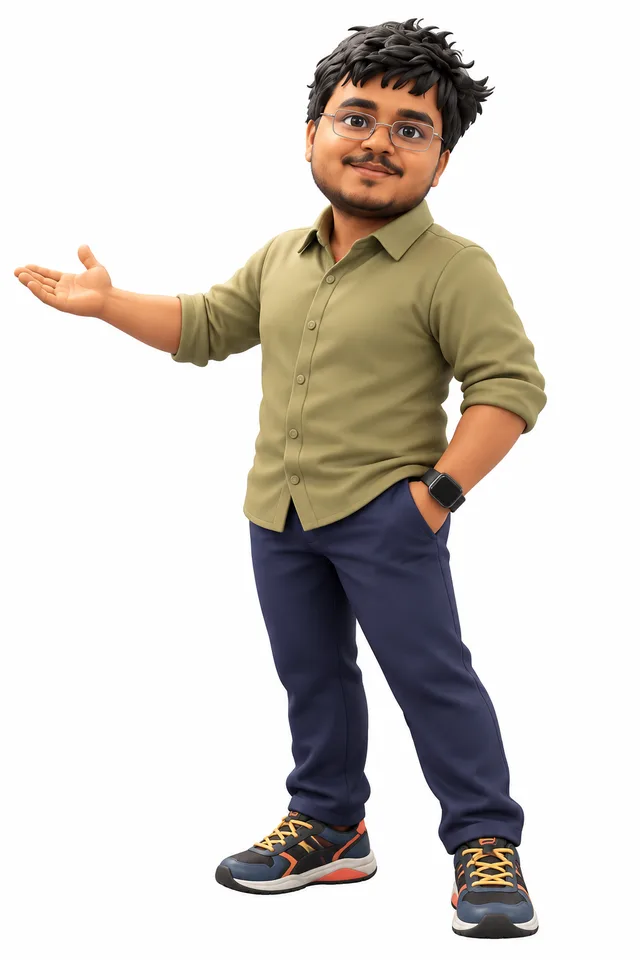 Satyajit as a 3D character, in his olive shirt and glasses.