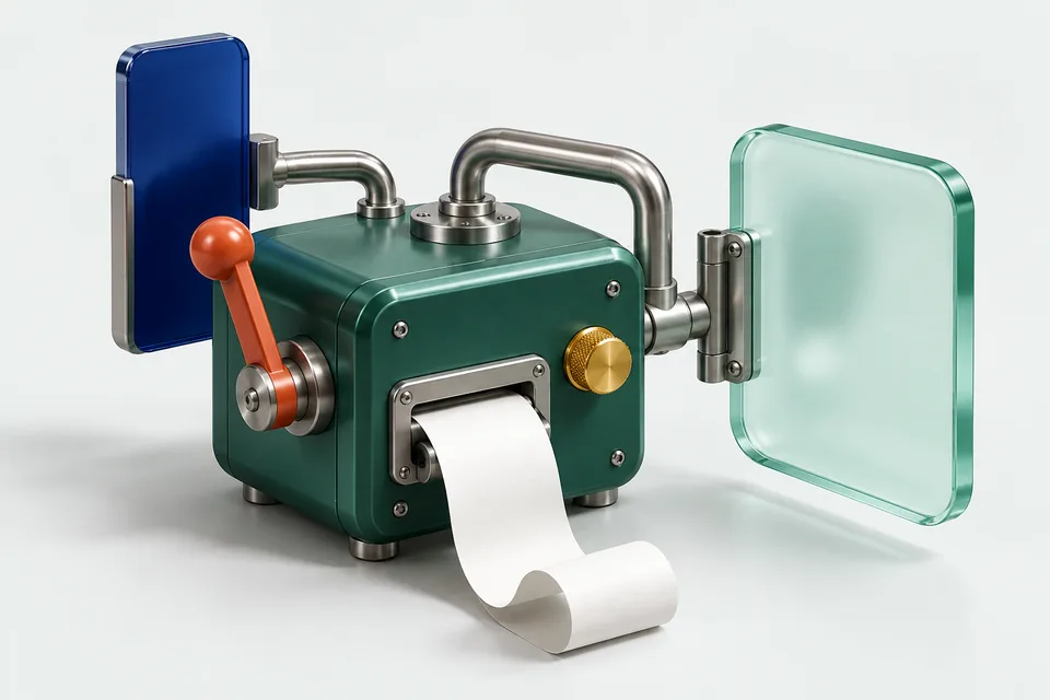 A green metal box with an orange crank and a brass knob, joined by steel pipes to a blue phone and a frosted glass panel, printing a white paper slip.
