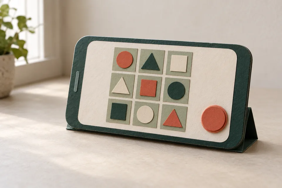 A cut-paper phone on a stand showing a puzzle grid of circles, triangles and squares that differ by shape as well as colour, with one large round button within thumb reach.