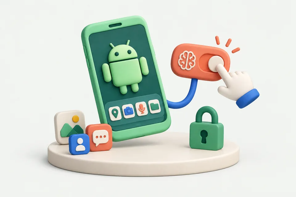 A green clay-style Android phone tethered to a coral switch with a brain icon, which a cartoon hand is pressing, beside a padlock and photo, contact and chat tiles on a round plinth.