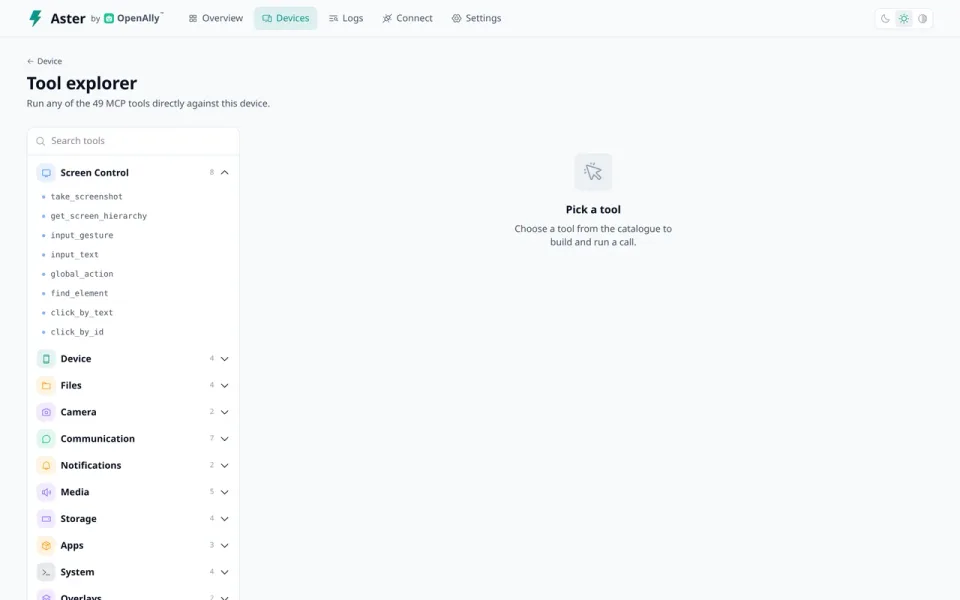 Aster’s tool explorer: a searchable catalogue of the device’s MCP tools grouped by category, with Screen Control expanded to show take_screenshot, get_screen_hierarchy, input_gesture and click_by_text.