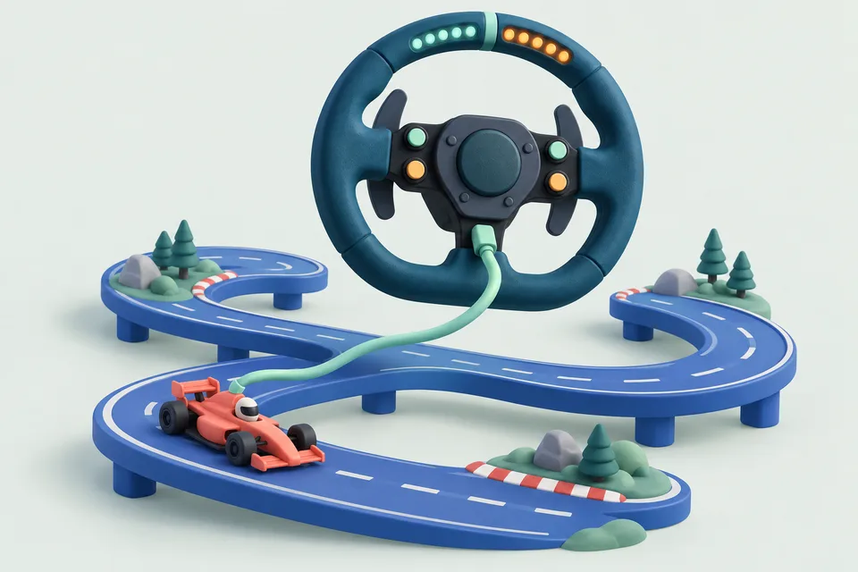 A clay-style racing wheel with glowing mint and orange shift lights, its cable running down to a blue toy track where a red open-wheel car races.