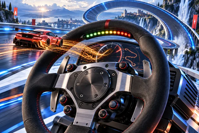 A 3D racing wheel, blue track, and coral car.