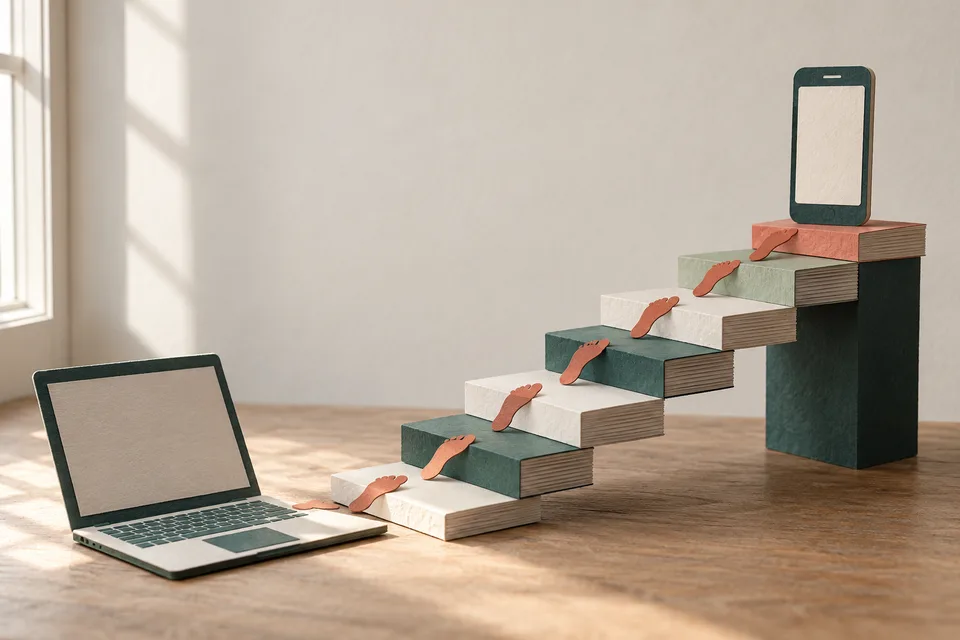 A staircase of stacked paper notebooks rising from a small paper laptop to a paper phone at the top, with tiny coral footprints climbing the steps.