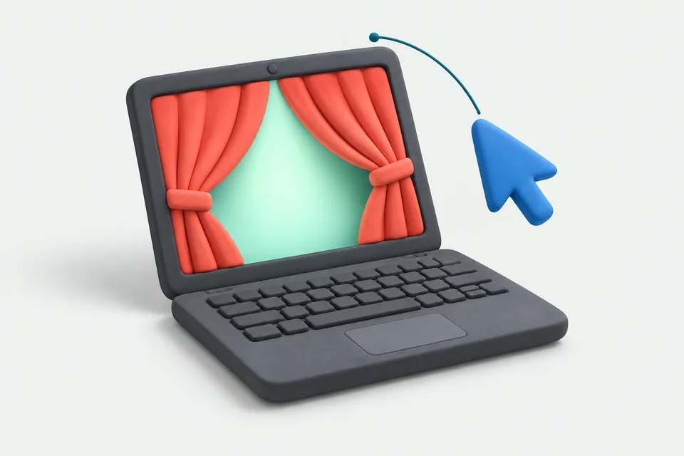 A clay-style dark grey laptop with coral curtains drawn back from a mint screen, and a blue cursor arcing above it.