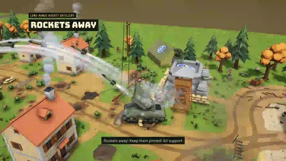 A Narrow Front battle in the game: rockets arc over farmhouses towards a fortified tower while a Sherman tank holds the road.