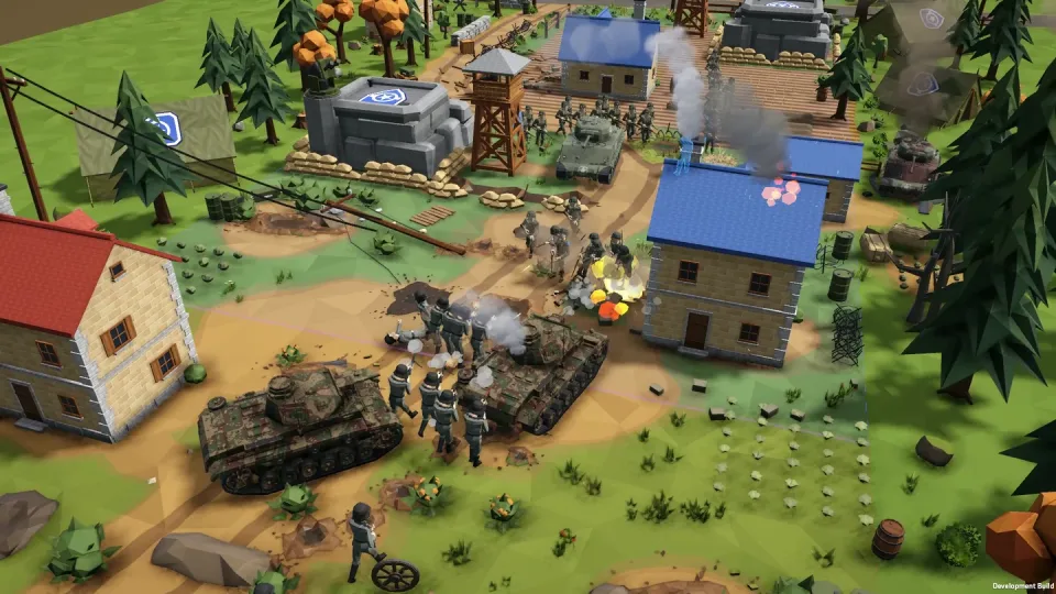 A low-poly WWII battlefield seen from above: German tanks and riflemen fight past blue-roofed farmhouses, a watchtower and a concrete bunker.