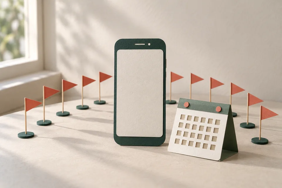 A cut-paper smartphone standing among twelve small coral pennant flags, beside a paper desk calendar with its day squares punched out.