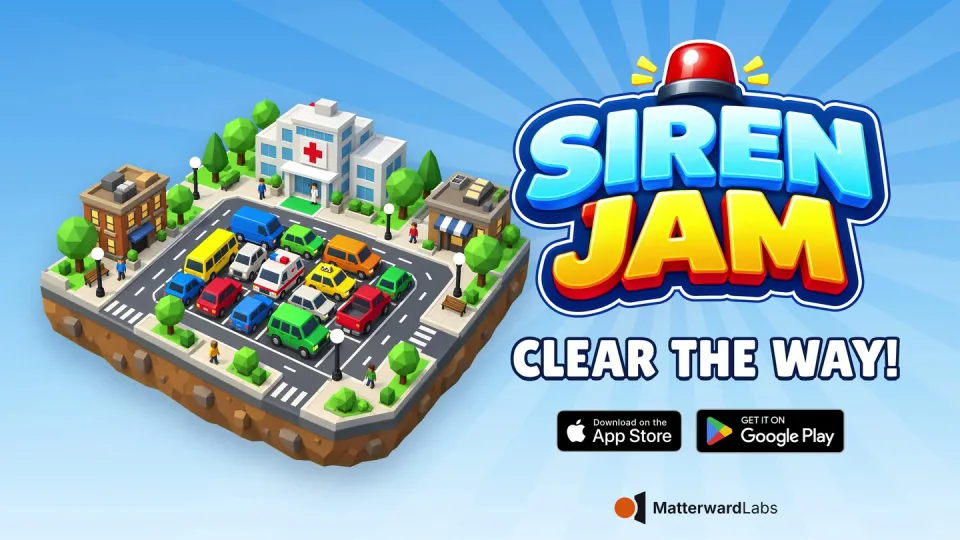 Siren Jam key art: a low-poly car park packed with colourful cars around an ambulance, beside a hospital, with the Siren Jam logo and the line “Clear the way!”