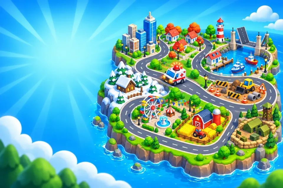 Siren Jam’s world map: an island of roads running from a city through snow, a harbour, a fairground and farmland, with an ambulance on the road.