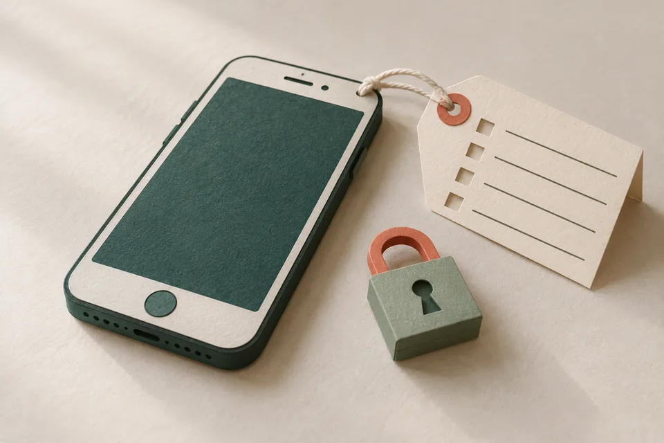 A cut-paper smartphone lying face up with a paper label tied to it like a luggage tag, ruled with blank rows and checkboxes, beside a small paper padlock.