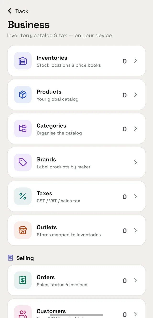OpenAlly Business screen with inventory, catalog, orders, customers, and tax settings.