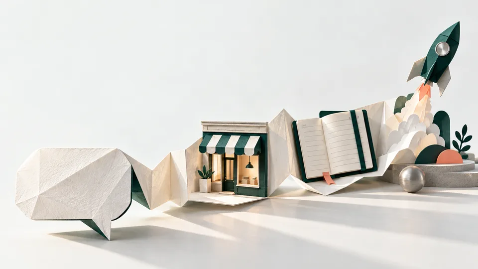 A folded white paper strip running from a speech bubble through a small shop with a green striped awning and an open notebook to a paper rocket taking off.