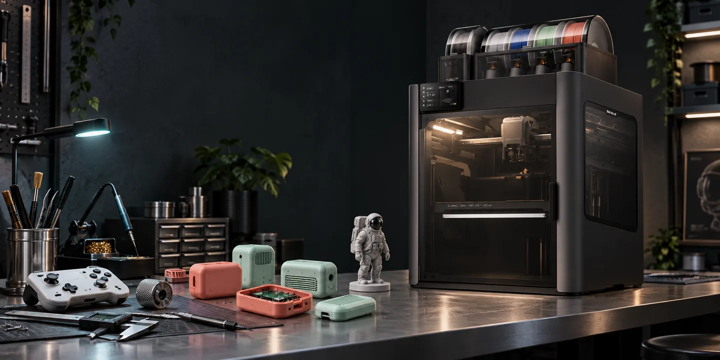 A 3D-rendered workbench with a large H2C printer, miniatures and gadget enclosures.