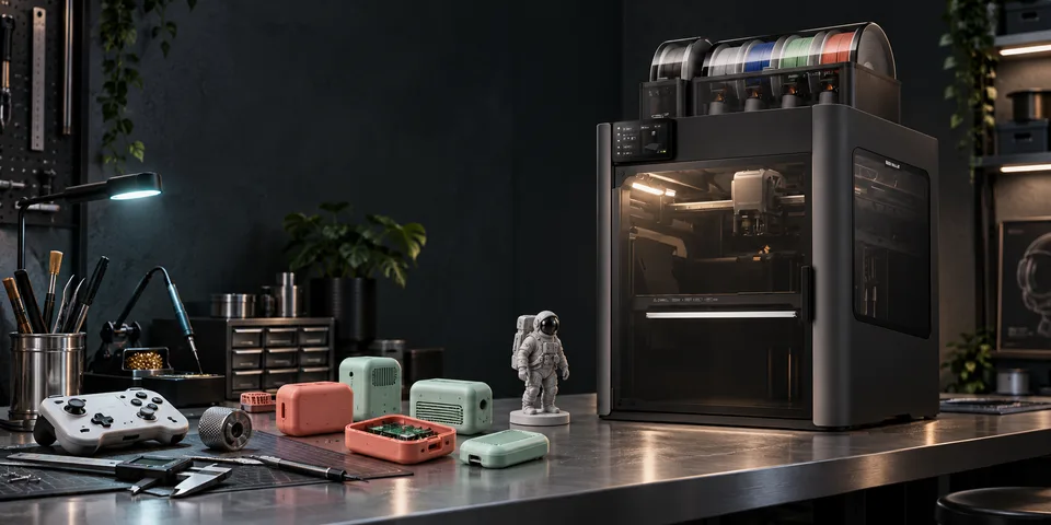A dark workshop bench with a large multi-spool 3D printer, pastel printed enclosures, a small astronaut figure, a game controller and hand tools.