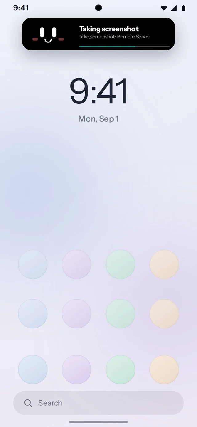 An Android home screen with Aster’s companion face in a black pill at the top, labelled “Taking screenshot” above a progress bar.