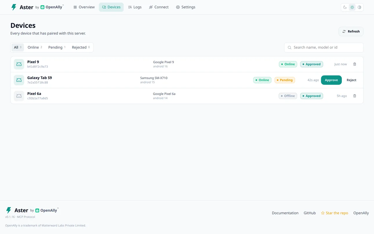 Aster’s device registry and approval interface in the optional server dashboard.