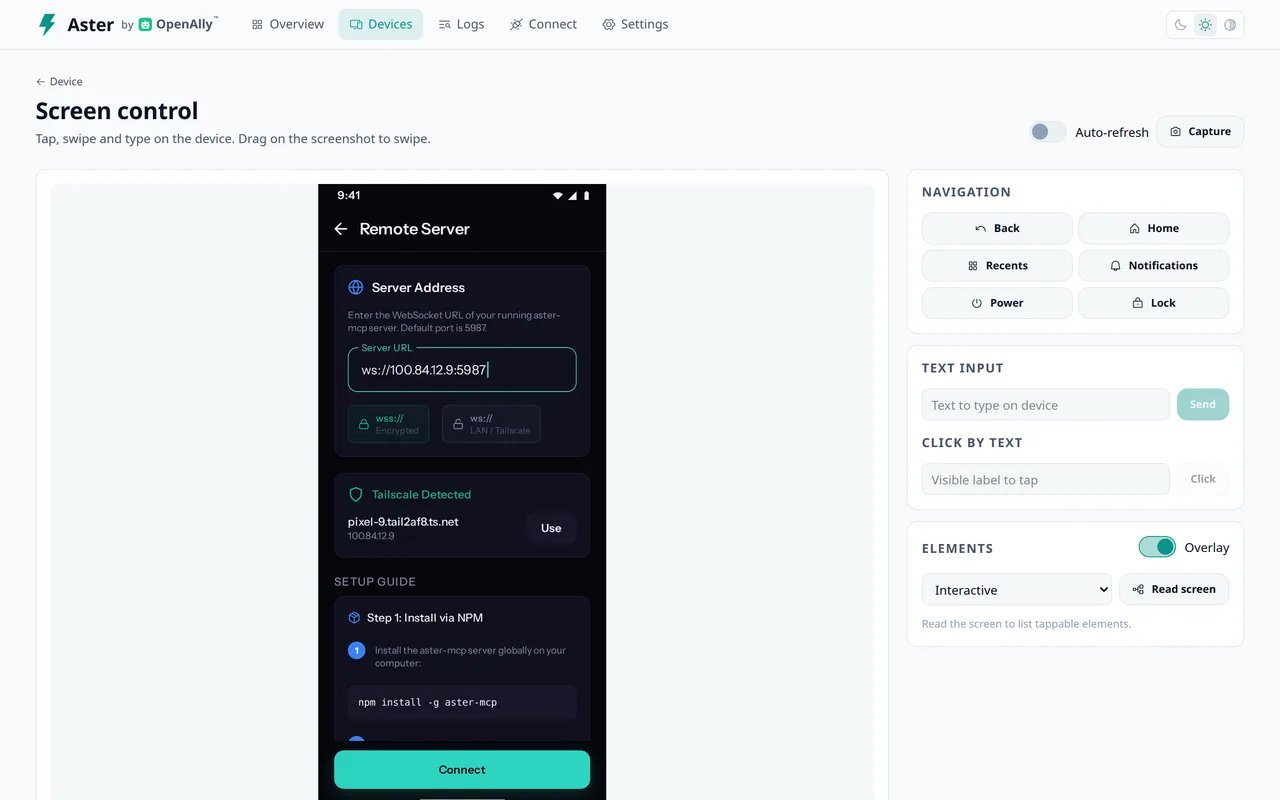 Aster’s screen-control dashboard, with the device interface and available control tools.