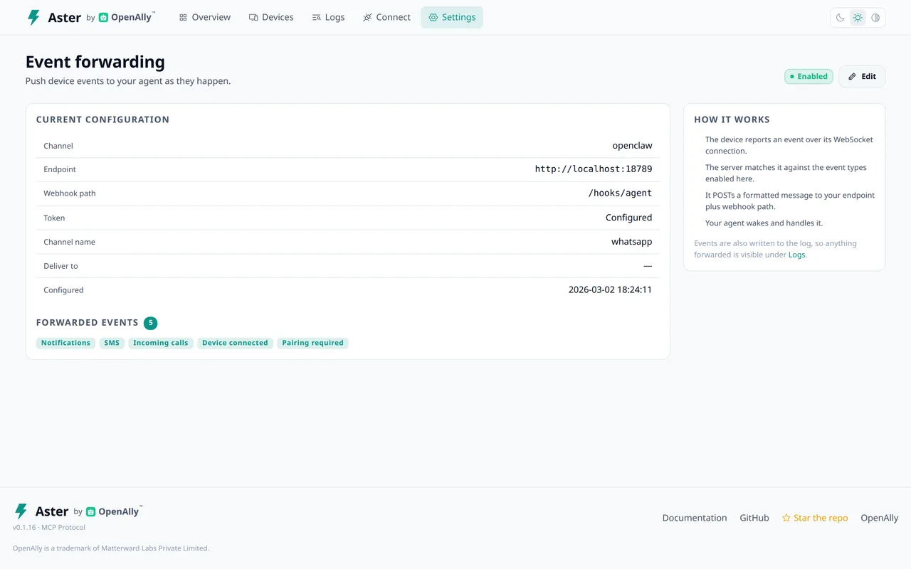 Aster’s event-forwarding dashboard, with configuration and event controls.