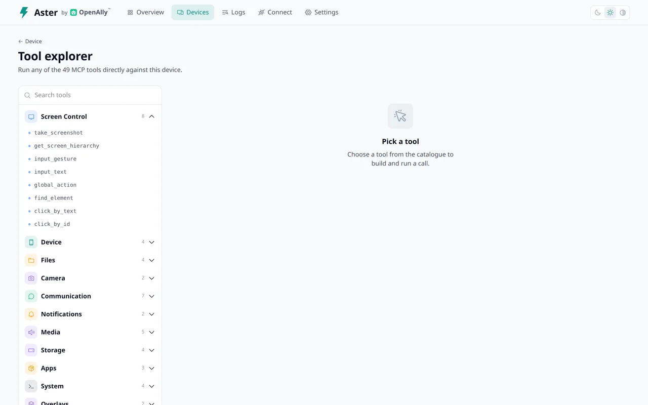 The Aster MCP tool explorer, grouped around device capabilities.