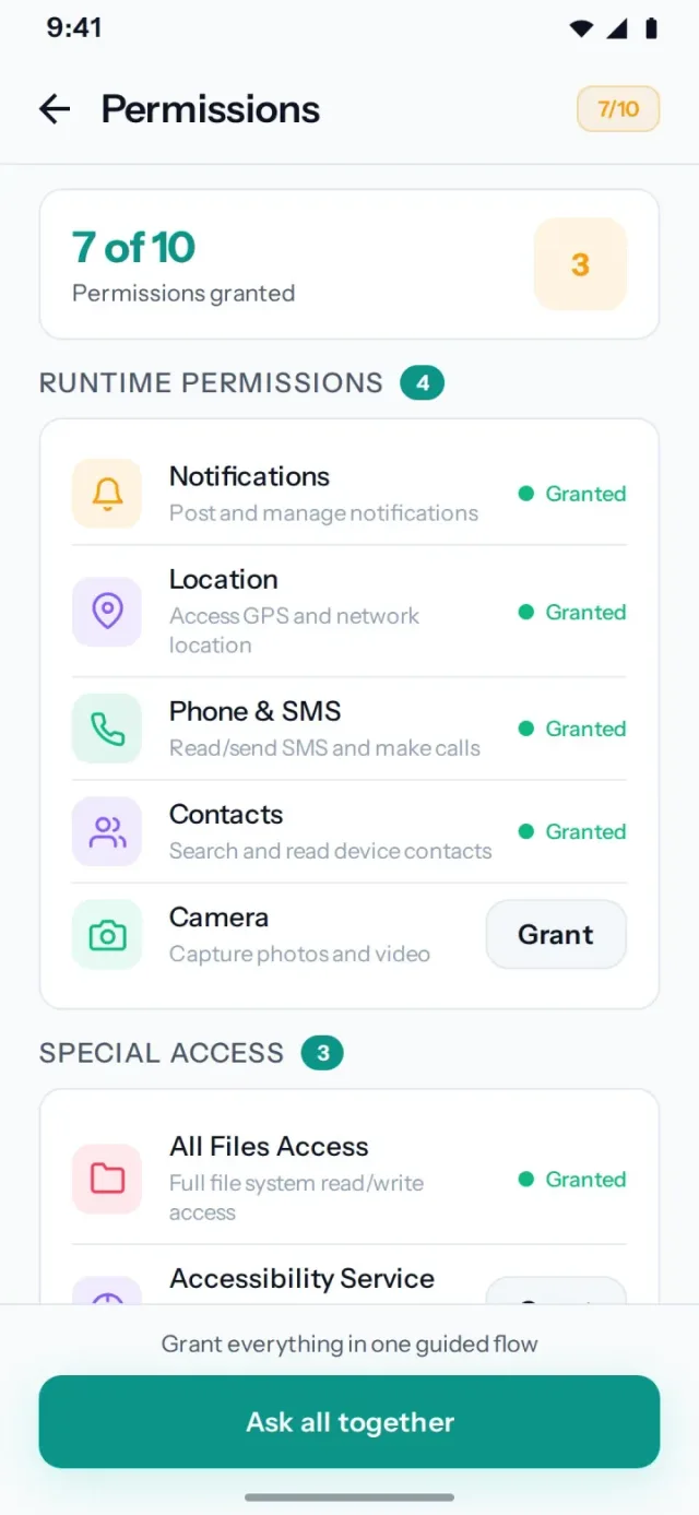 Aster’s light-theme permission screen, showing the Android capabilities the person can enable.