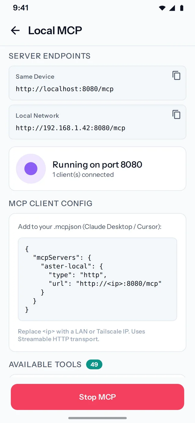 Aster: On-device MCP, actual Android app screen.