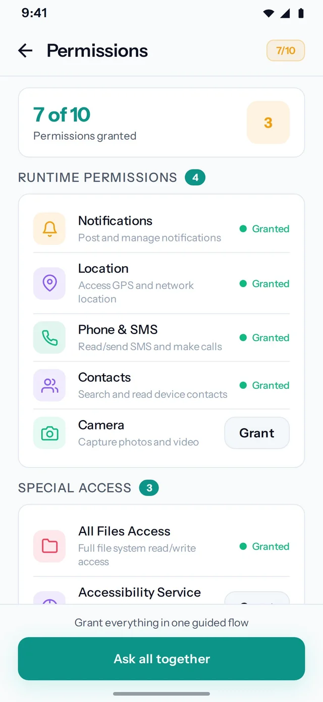 Aster: Your permissions, actual Android app screen.