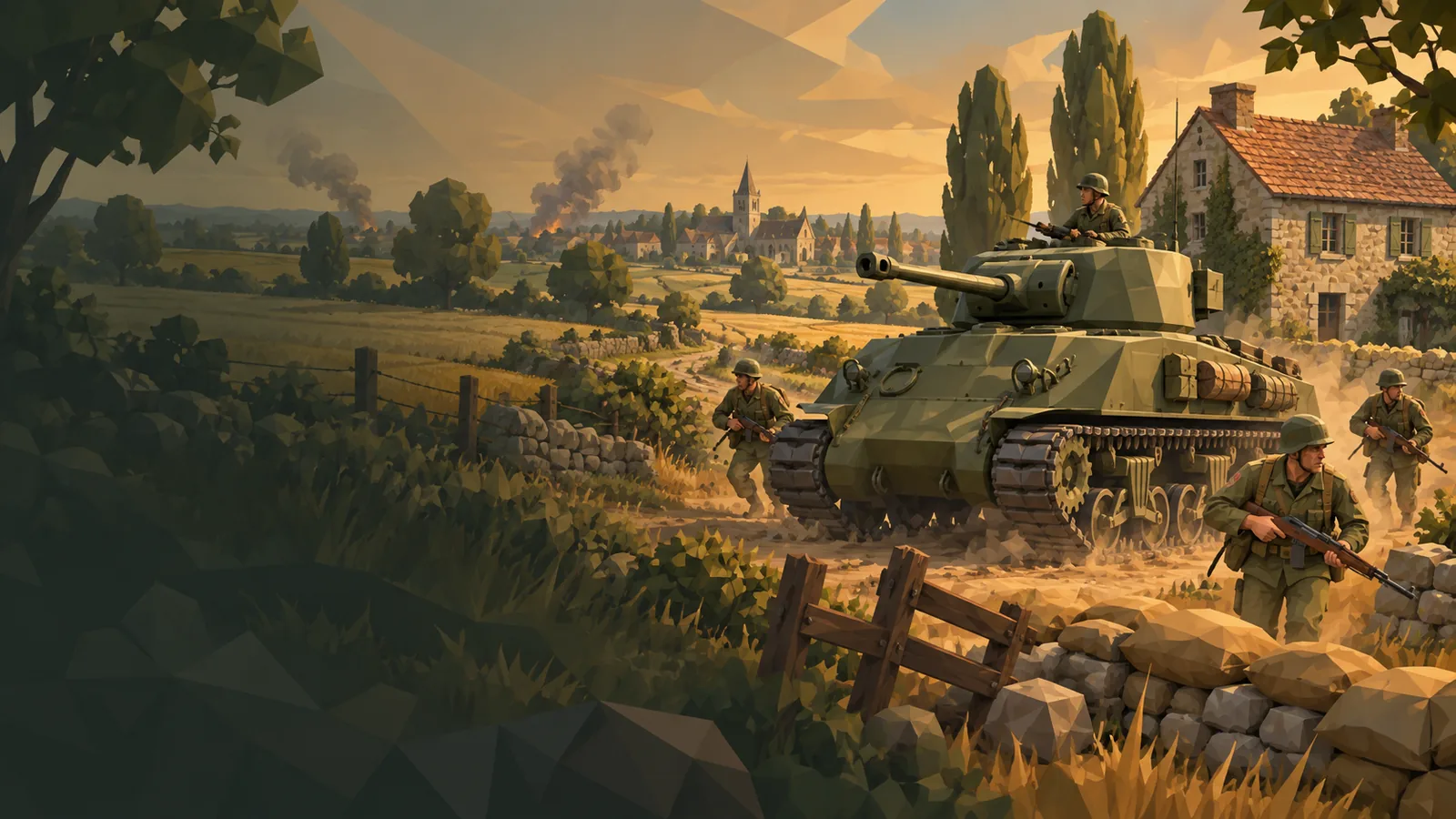 Narrow Front key art: a Sherman tank and riflemen advance along a Normandy farm road at dusk.