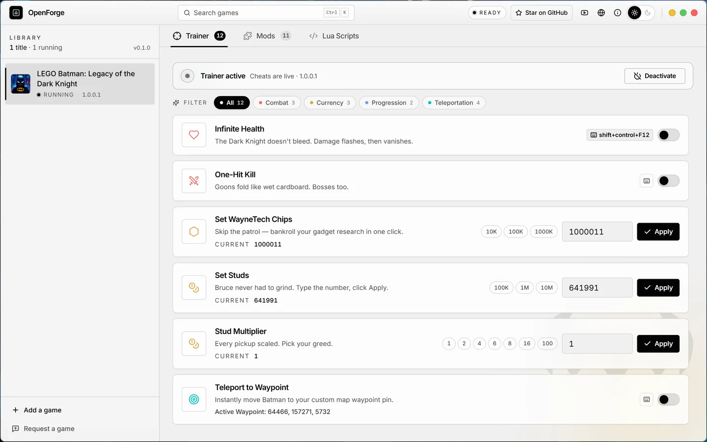 Screenshot of the OpenForge Trainer window.