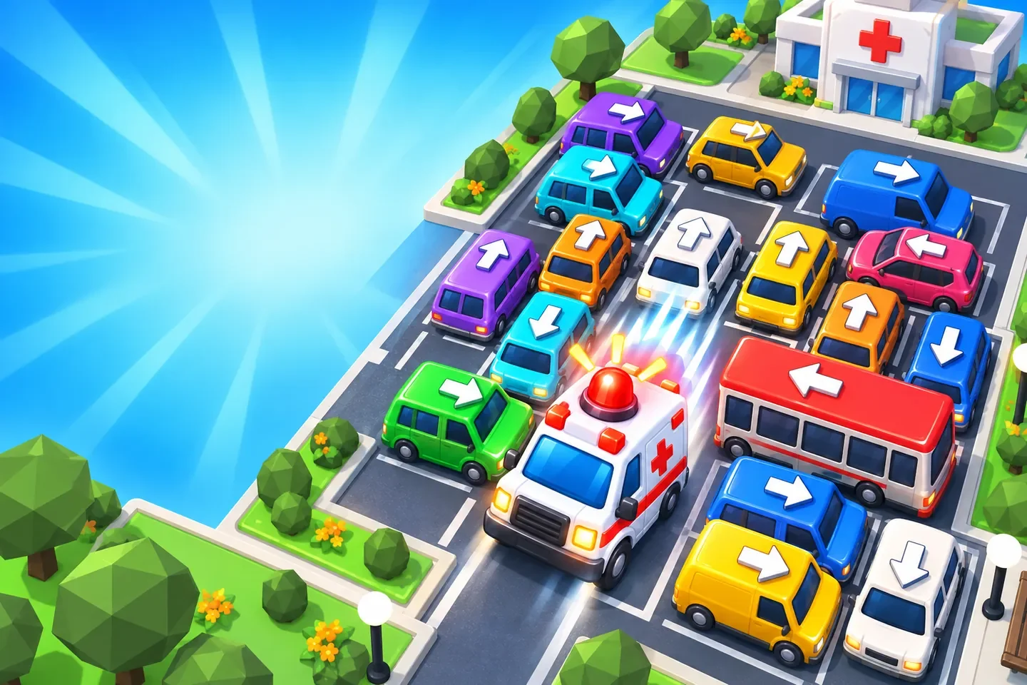 Siren Jam key art: an ambulance with its siren flashing, boxed in by colourful cars in a car park beside a hospital.