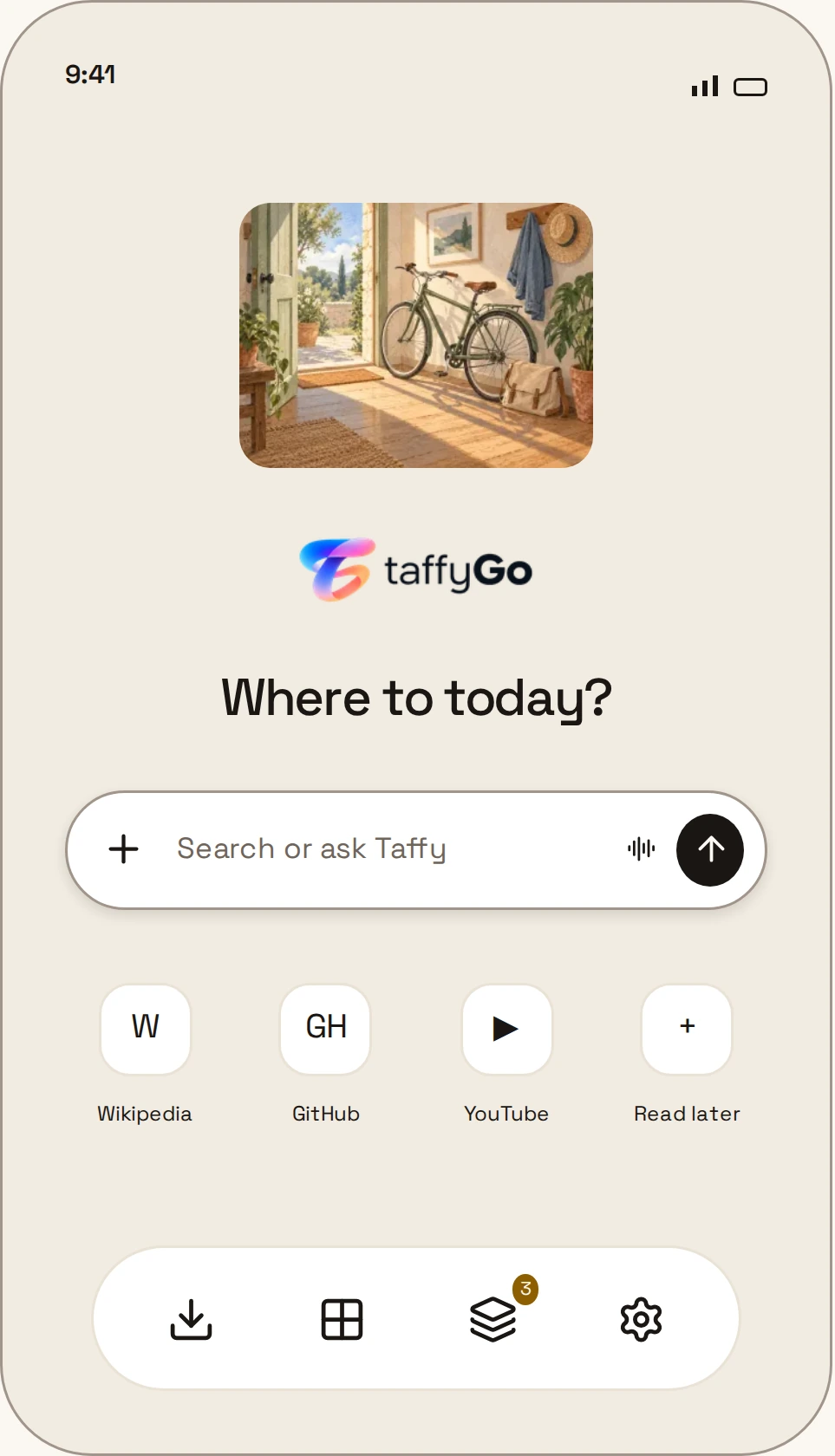 TaffyGo’s light new tab: start-page artwork, search or ask Taffy, saved sites and browser controls.