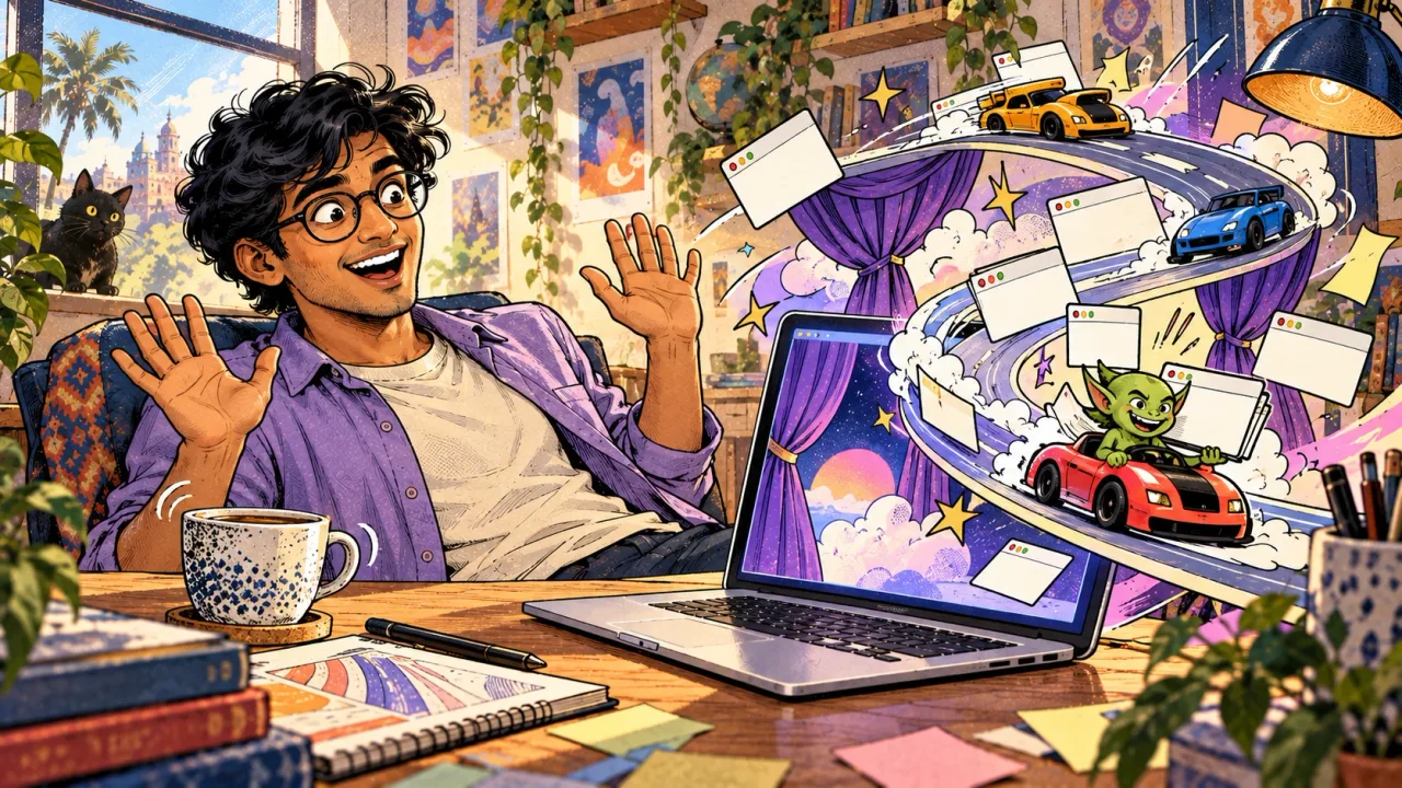 The original comic’s bigger idea: a growing collection of race cars, curtains, windows, and desktop characters.