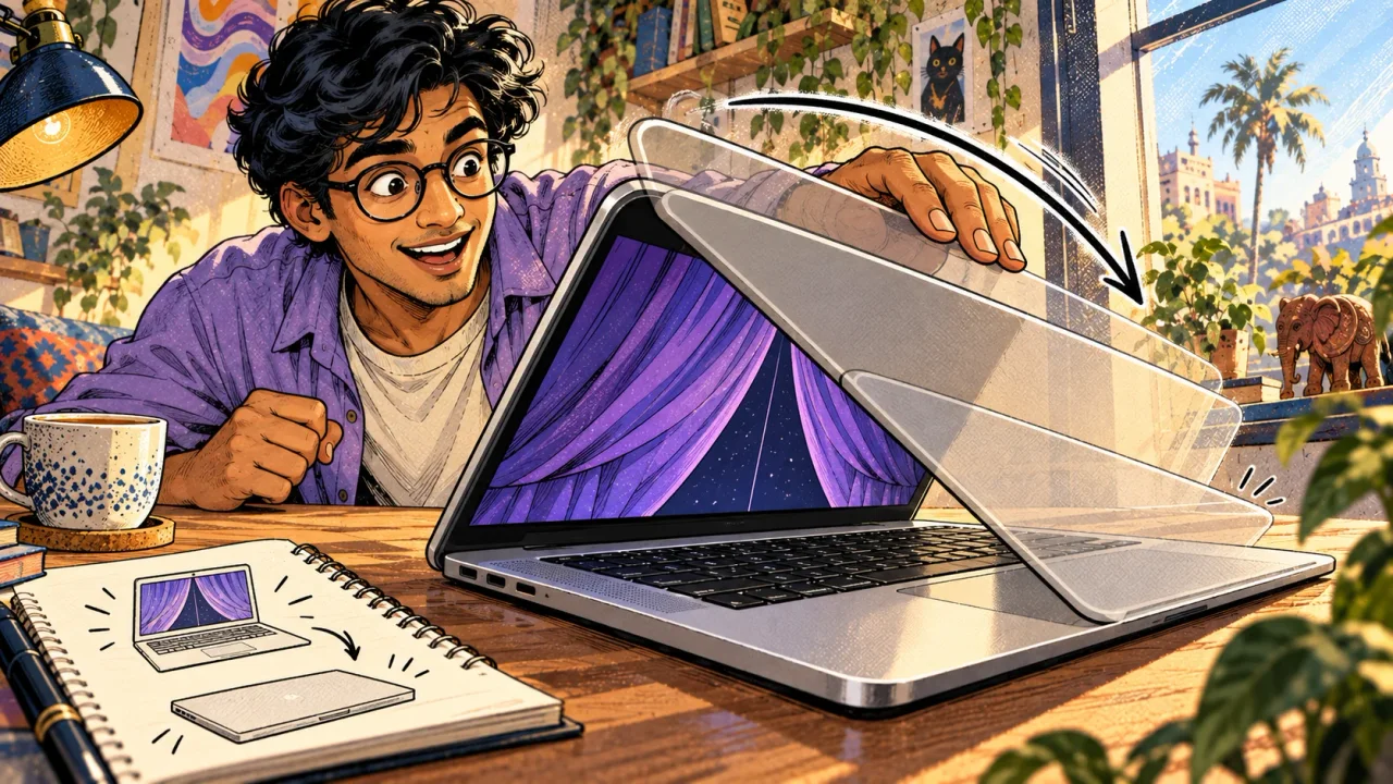 The original comic’s experiment: the maker lowers his MacBook lid and watches the desktop respond.