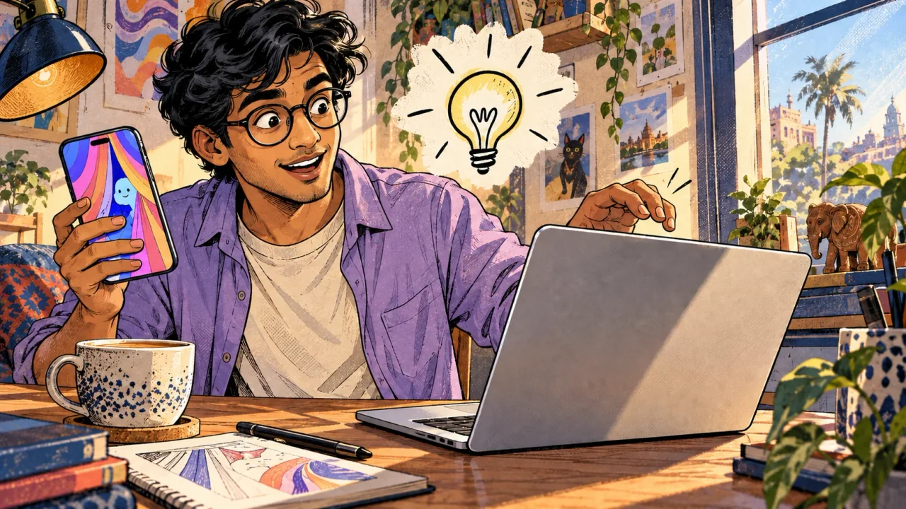 The original UnfoldMyMac comic: a maker looks from a folding phone to the MacBook on his desk.